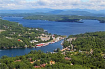 An aerial view of Paugus Bay and Weirs Beach