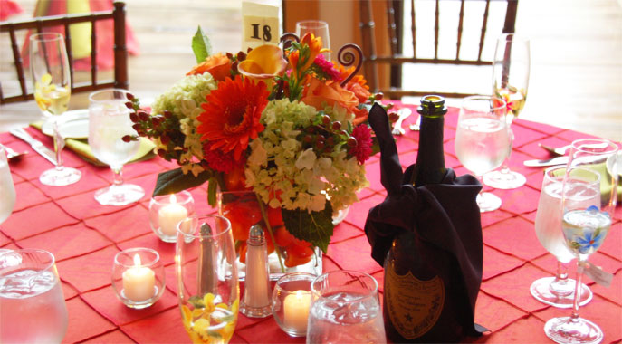 Flowers and champagne, awaiting wedding guests